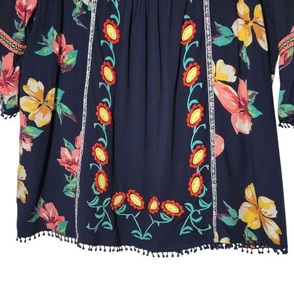 Anthropologie Dakota Embroidered Floral Square Neck Top Bell Sleeve Blue Boho M - Picture 7 of 16